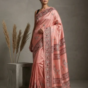 Blush Pink Terracotta Horse Printed Semi Silk Saree