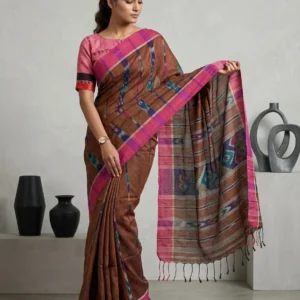 Brown Sambalpuri Ikat Printed Soft Cotton Saree