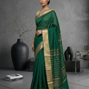 Green Cotton Silk Saree with Golden Temple Border