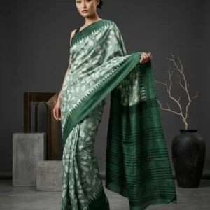 Green Leafy Vine Printed Semi Silk Saree