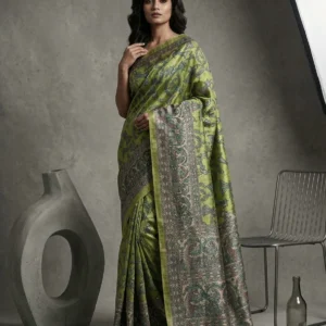 Green Madhubani Printed Semi Tussar Ghicha Silk Saree
