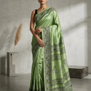 Green Terracotta Horse Printed Semi Silk Saree