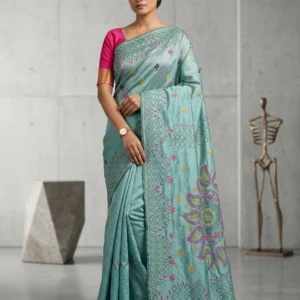 Grey Art Silk Saree with Multicolour Kantha Embroideries