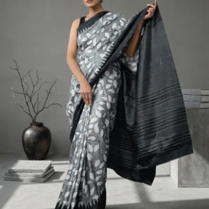 Grey Leafy Vine Printed Semi Silk Saree
