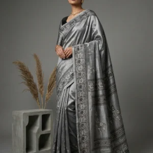 Grey Terracotta Horse Printed Semi Silk Saree