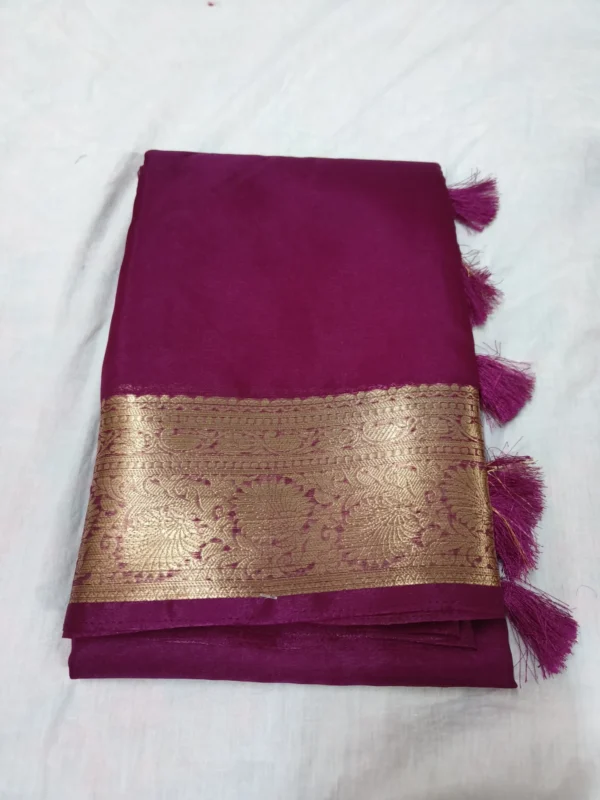 Wine Plain Semi Organza Silk Saree with Golden Border