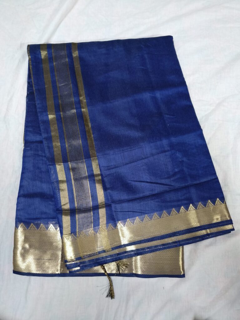 Gold Blue Smocking Muslin Saree with Blue Border