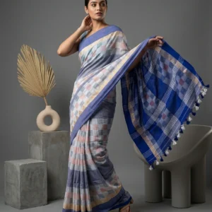 Ikat Printed Blue Bhumri Saree