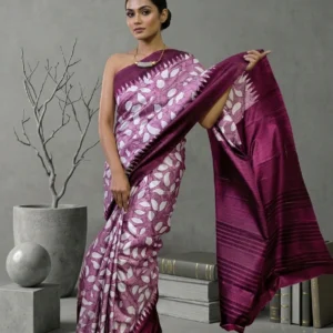 Lilac Leafy Vine Printed Semi Silk Saree