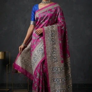 Magenta Madhubani Printed Semi Tussar Ghicha Silk Saree
