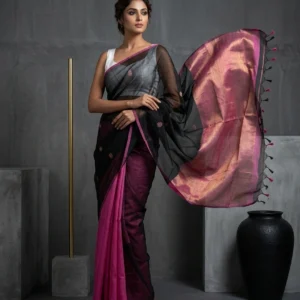 Magenta Soft Silk Saree with Black Muslin Drape