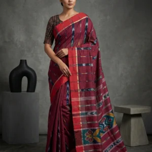 Maroon Sambalpuri Ikat Printed Soft Cotton Saree