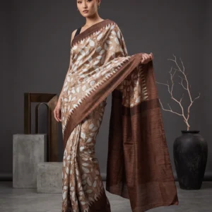 Mocha Mousse Leafy Vine Printed Semi Silk Saree