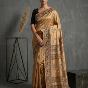Mocha Mousse Terracotta Horse Printed Semi Silk Saree