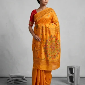 Mustard Art Silk Saree with Multicolour Kantha Embroideries