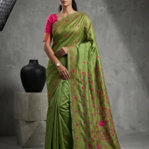 Myrtle Green Art Silk Saree with Shantiniketan Kantha Embroideries
