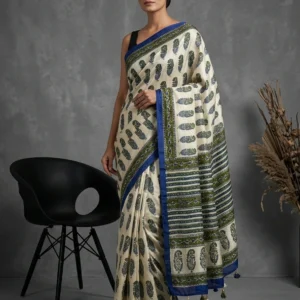 Off White Semi Modal Silk Saree with Ajrakh Border