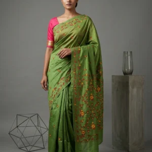 Olive Green Art Silk Saree with Yellow and Red Shantiniketan Kantha Embroideries