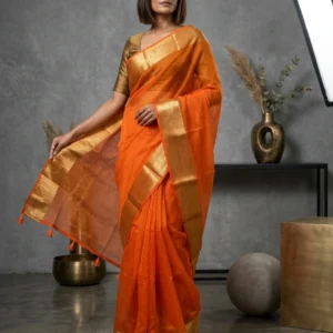 Orange Organza Silk Sarees with Golden Border
