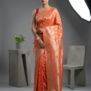 Orange Semi Banarasi Silk Saree in Silver Zari