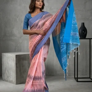 Peach Sambalpuri Printed Soft Cotton Saree with Blue Border