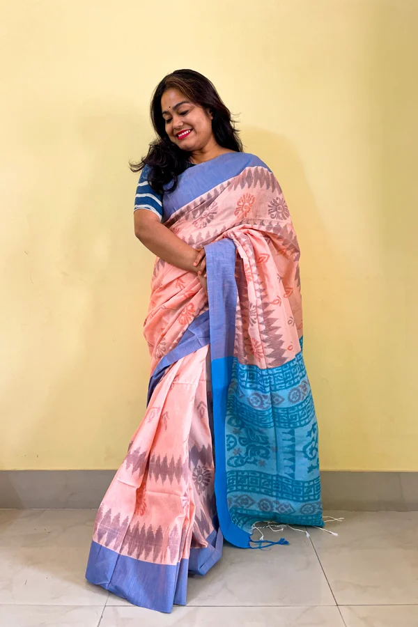 Peach Sambalpuri Printed Soft Cotton Saree with Blue Border Peach Sambalpuri Printed Soft Cotton Saree with Blue Border (2)