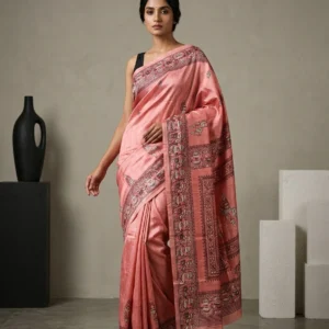 Peach Terracotta Horse Printed Semi Silk Saree