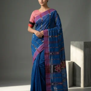 Persian Blue Sambalpuri Ikat Printed Soft Cotton Saree
