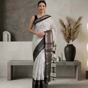 Pichhwai Printed Art Silk Saree with Black Border