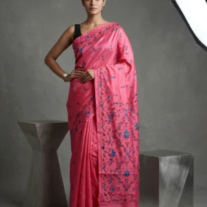 Pink Art Silk Saree with Blue and Black Shantiniketan Kantha Embroideries