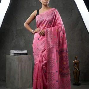 Pink Art Silk Saree with Multicolour Kantha Embroideries