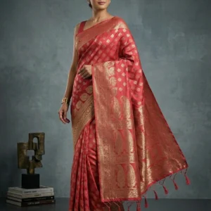Peach Semi Banarasi Silk Saree in Silver Zari