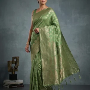Pista Green Semi Banarasi Silk Saree in Silver Zari