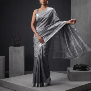 Plain Grey Art Silk Saree with Silver Zari Border