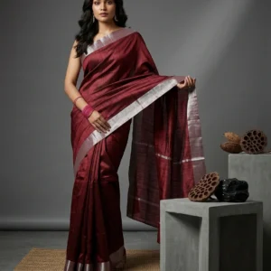Plain Maroon Art Silk Saree with Silver Zari Border
