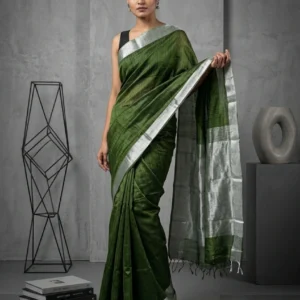 Plain Olive Green Art Silk Saree with Silver Zari Border