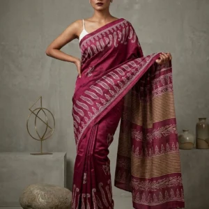 Plum Semi Silk Saree with Fern Printed Border