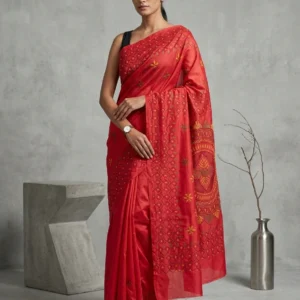 Red Art Silk Saree with Floral Multicolour Kantha Embroideries