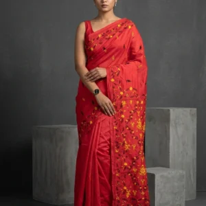 Red Art Silk Saree with Shantiniketan Kantha Embroideries