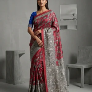 Red Madhubani Printed Semi Tussar Ghicha Silk Saree