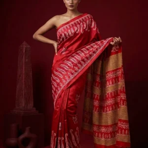 Red Semi Silk Saree with Fern Printed Border