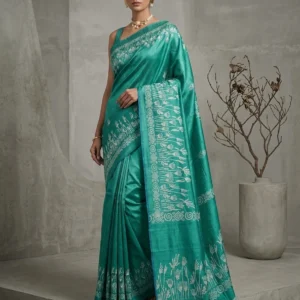Sea Green Semi Bishnupuri Silk Saree with Floral Printed Border