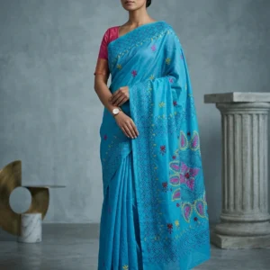 Sky Blue Art Silk Saree with Multicolour Kantha Embroideries