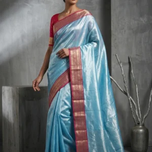 Sky Blue Raaga Tissue Saree with Contrast Border