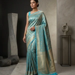 Sky Blue Semi Banarasi Silk Saree