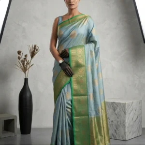 Sky Blue Semi Kanjeevaram Silk Saree with Contrast Border