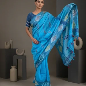 Sky Blue Soft Cotton Saree with Barfi Motifs