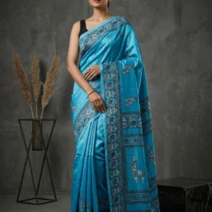 Sky Blue Terracotta Horse Printed Semi Silk Saree