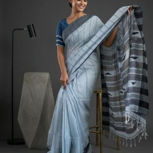 Sky Blue Thread Woven Soft Cotton Saree with Black Border