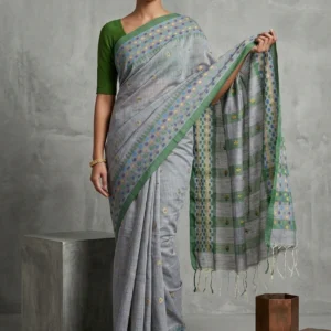 Steel Grey Soft Silk Saree with Ball Motif Borders